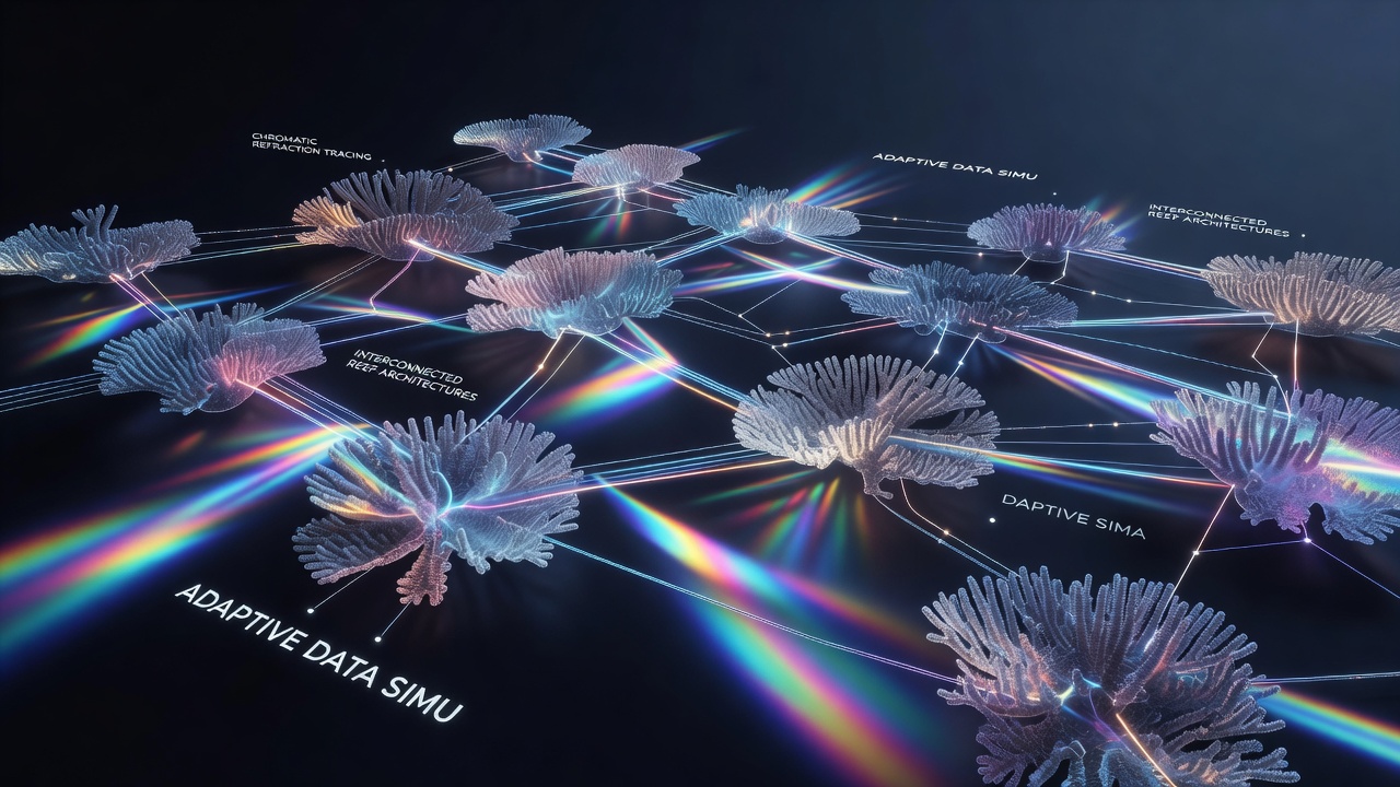 Interconnected reef nodes displaying adaptive refraction shifts during a multi-layer simulation run
